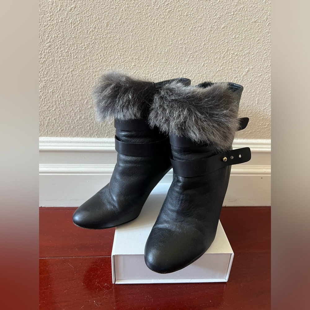 Rebecca Minkoff Black Leather Ankle Booties Faux Fur Trim Size 7B – Modified